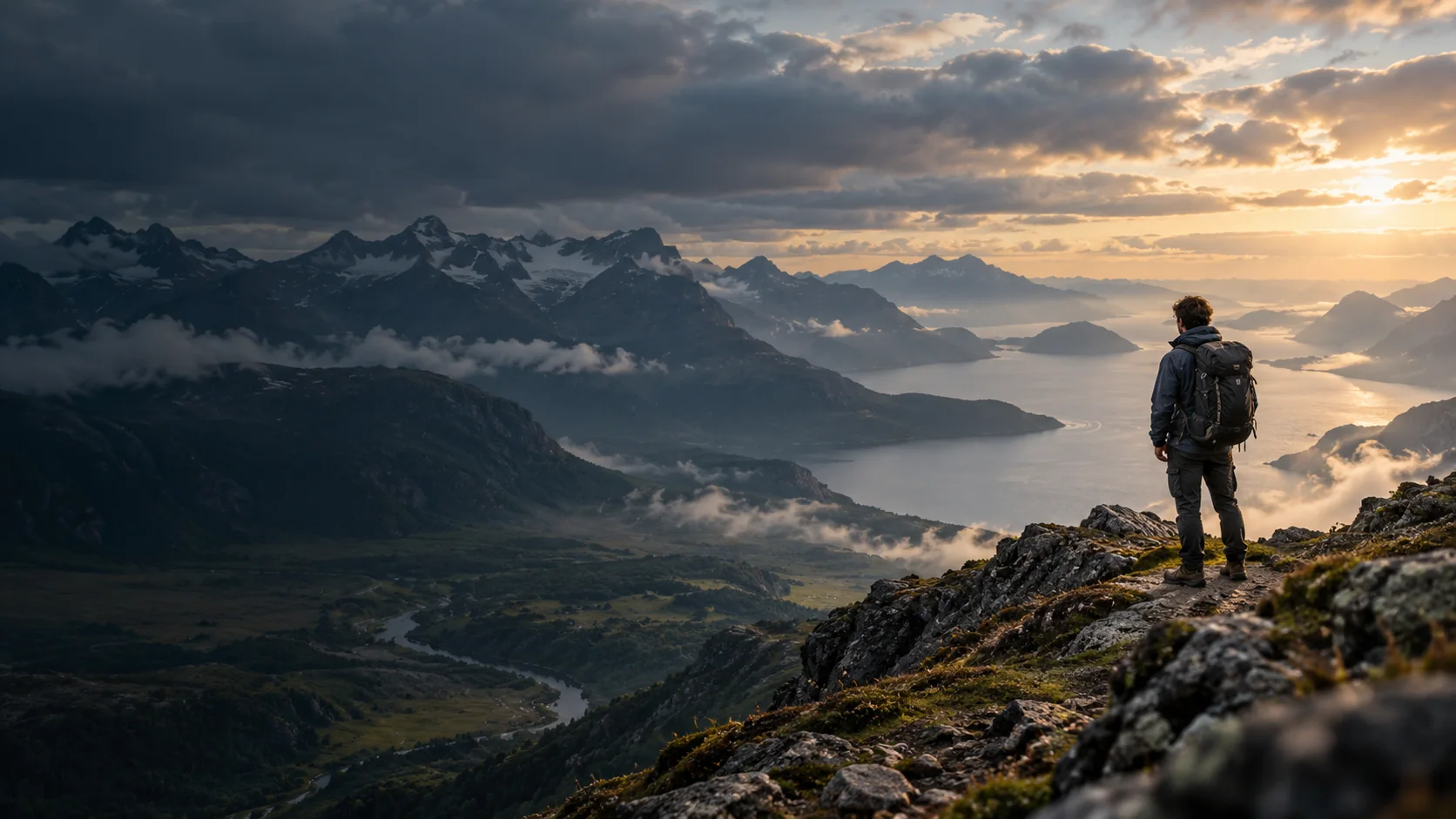 Illustrative mountain journey at sunset