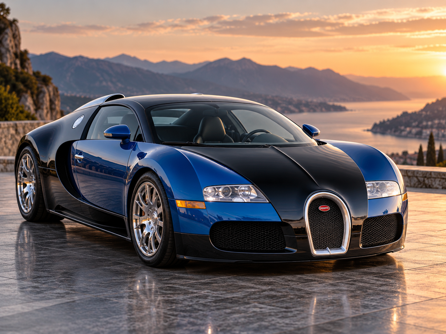 Blue and black Bugatti Veyron 16.4 coupe AI illustration