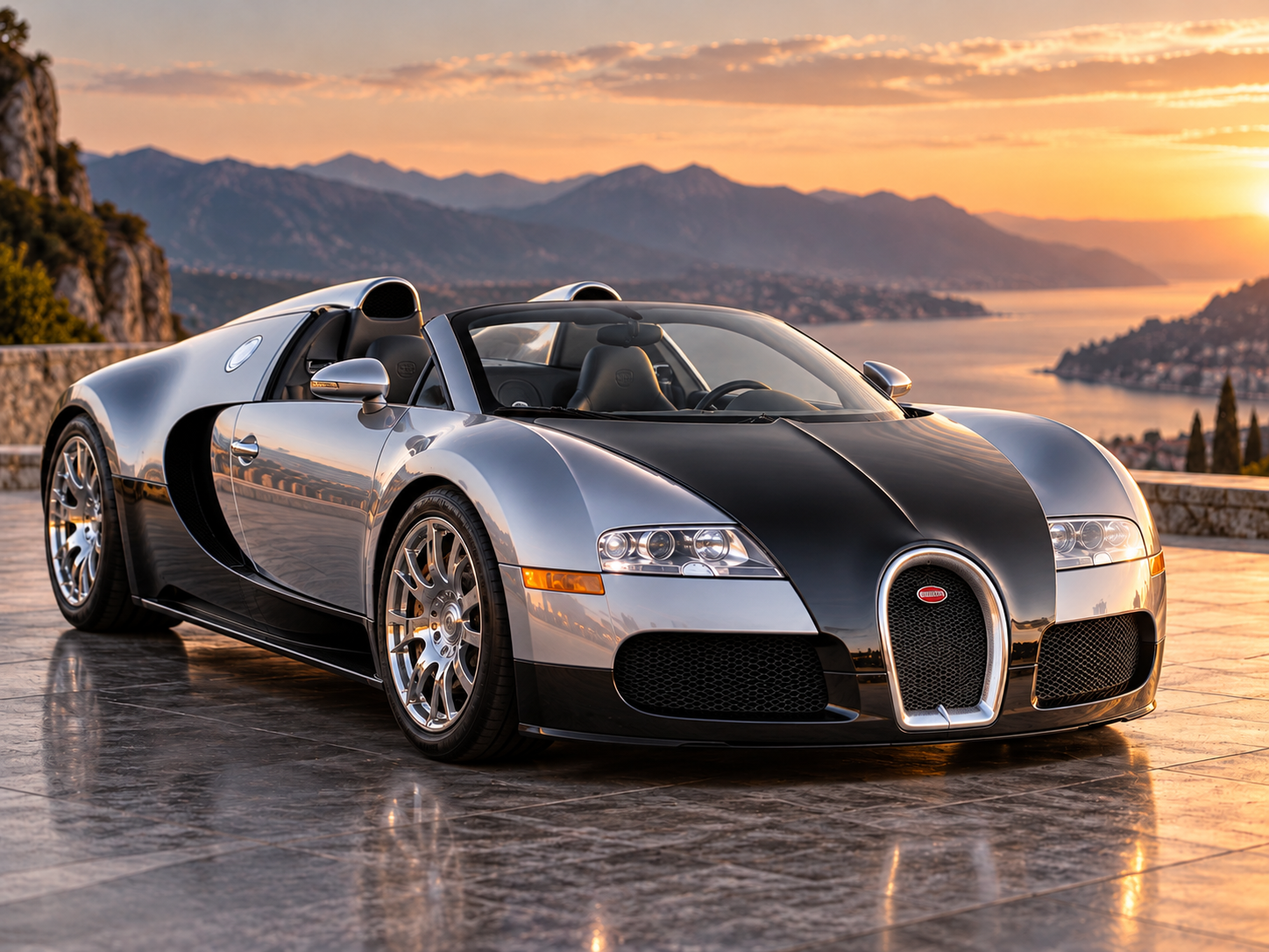 Silver Bugatti Veyron Grand Sport open-top AI illustration