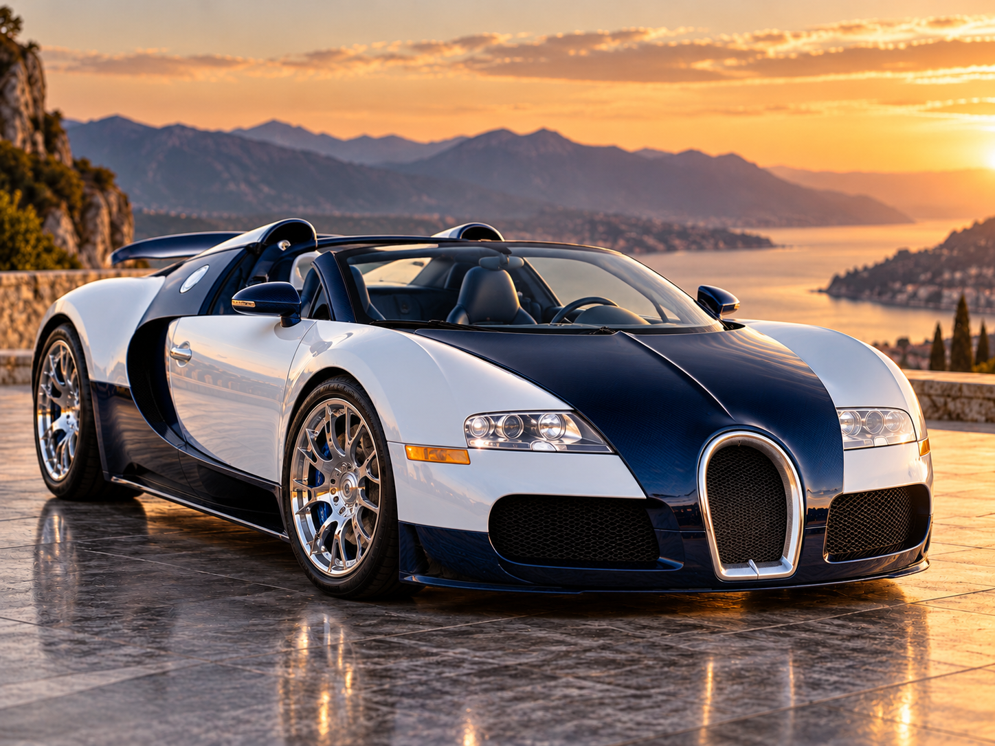 Blue and white Bugatti Veyron Grand Sport Vitesse roadster AI illustration