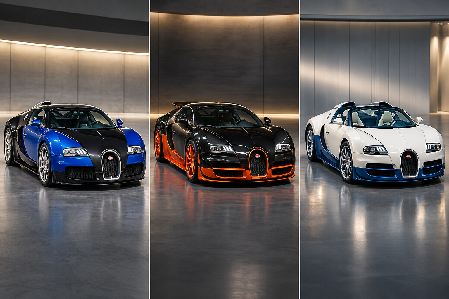 AI conceptual illustration comparing three Veyron coupe and open-top body styles