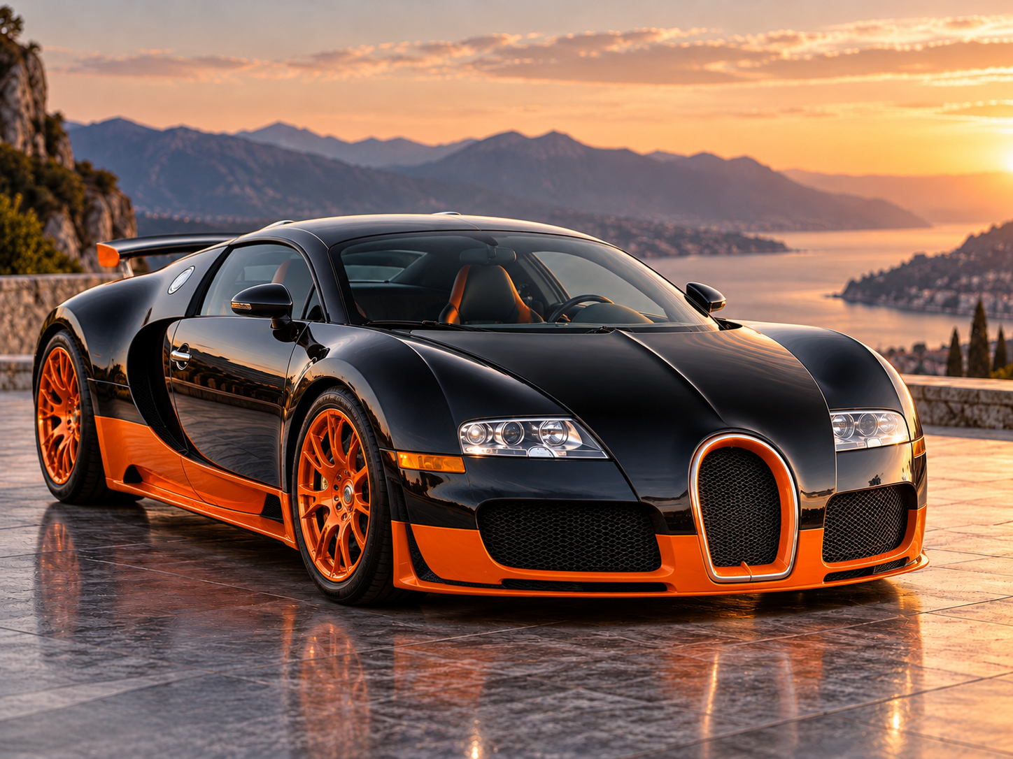 Black and orange Bugatti Veyron Super Sport coupe AI illustration
