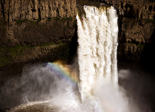 Tyler Bradt paddles over 186 ft. tall Palouse Falls in Washington, shattering the waterfall world-record he had previously set.