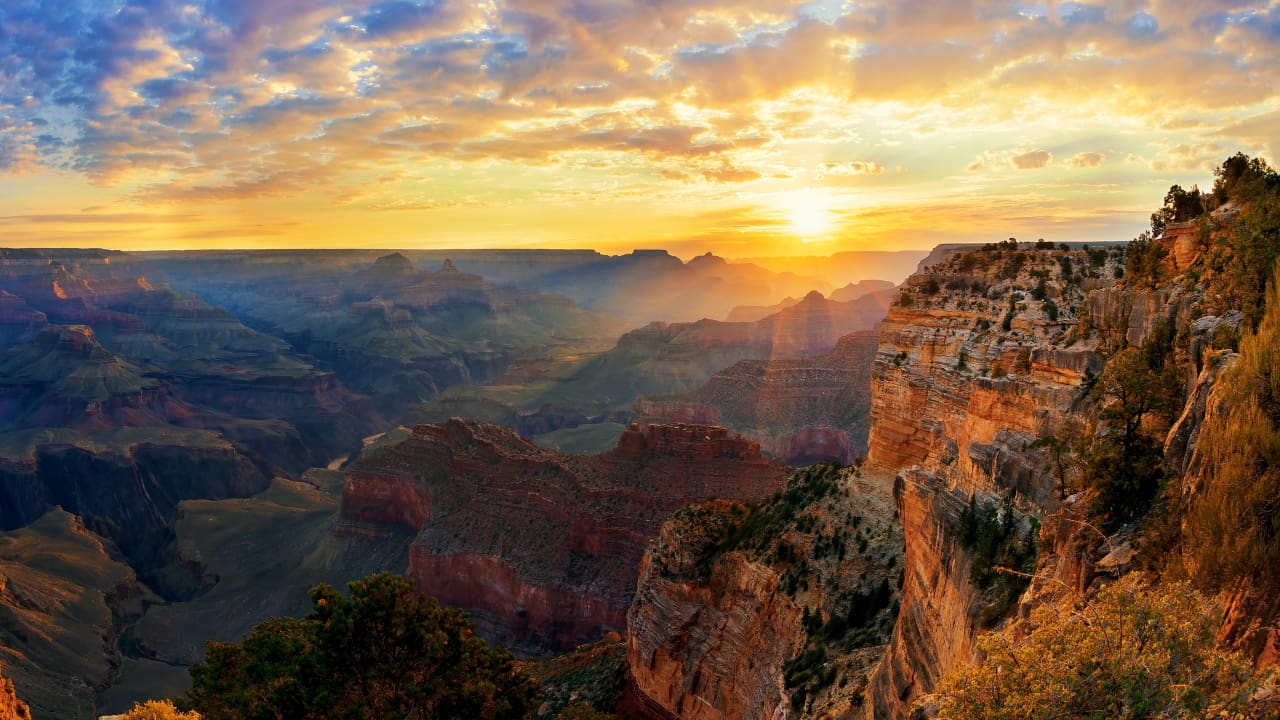 A view of the Grand Canyon at sunrise