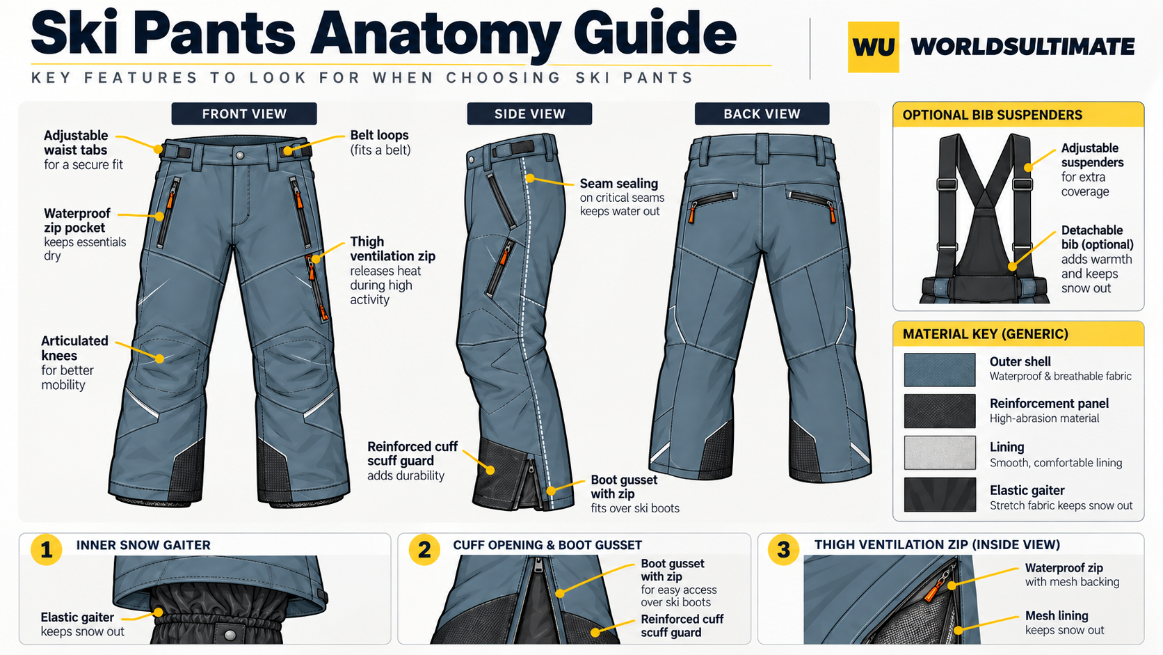 Illustrated ski pants anatomy showing waist adjustments, waterproof pockets, thigh vents, articulated knees, boot cuffs, snow gaiters, seam sealing and optional bib straps