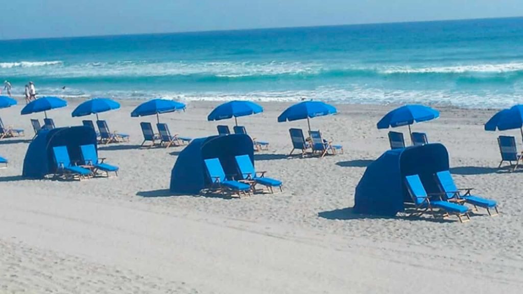 unique blue seats at the beach for relaxation