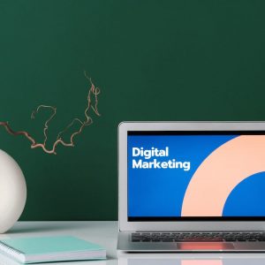 Silver Laptop Screen With Digital Marketing Written