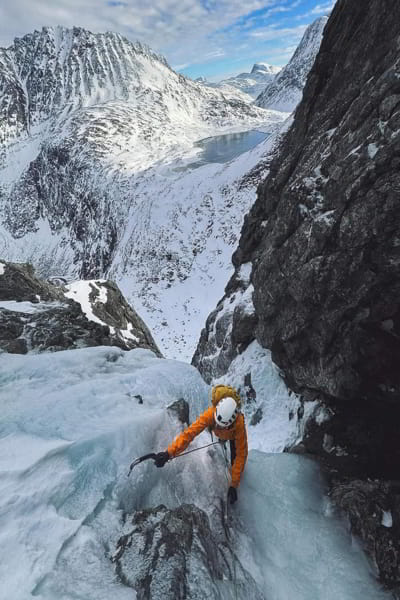 Climber moving through steep terrain on K2