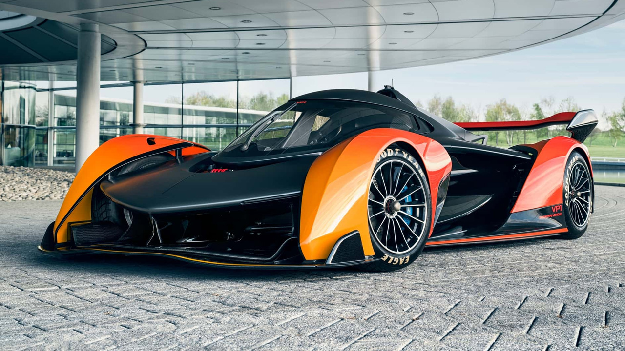 the wild McLaren Solus black centerwith fire like red and orange tire bodies,