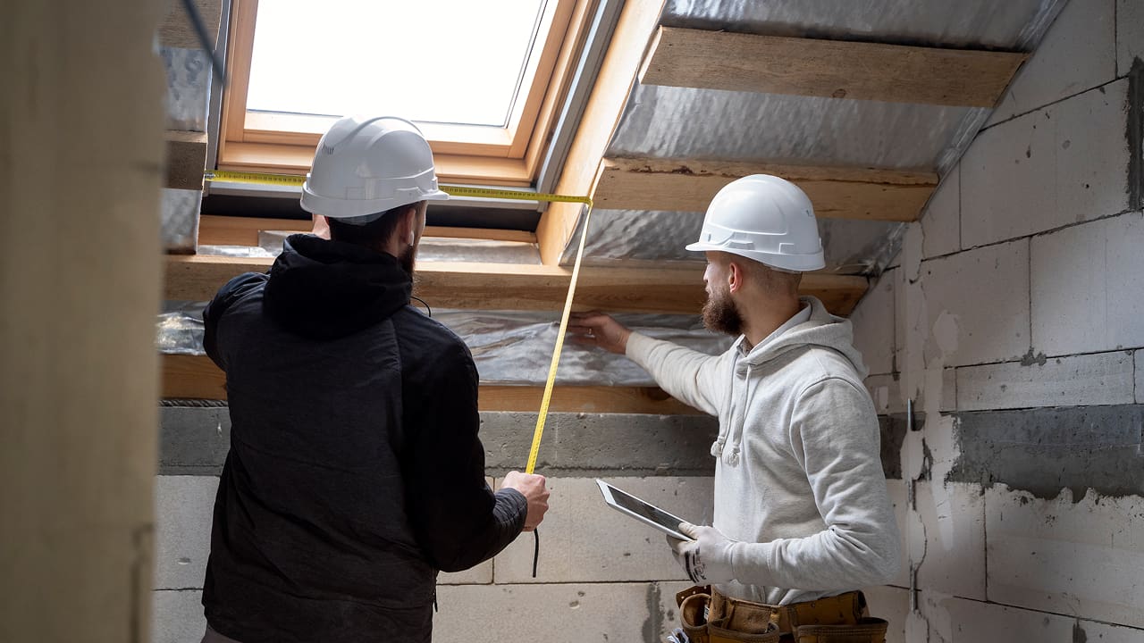 Two people are working while wearing helmets