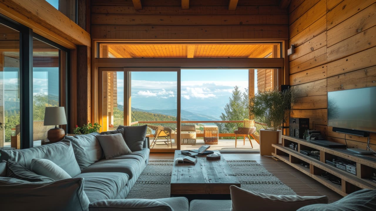 A wooden house with timber-decorated furnishings