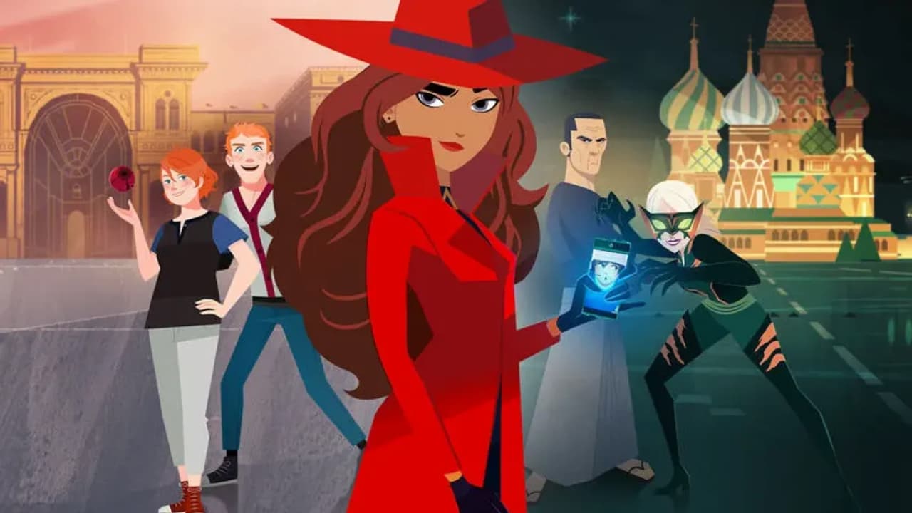 Carmen Sandiego is holding a phone while many other characters stand behind her