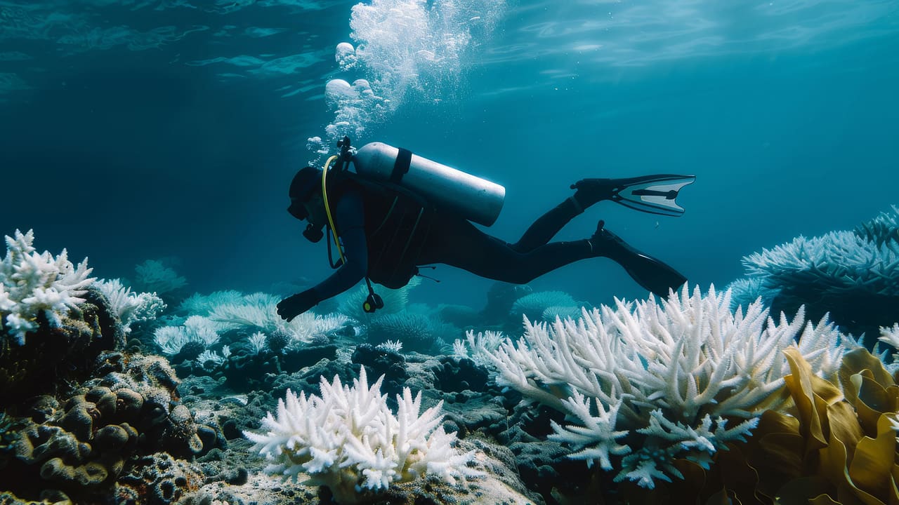 A scuba diver in a sea with marine life
