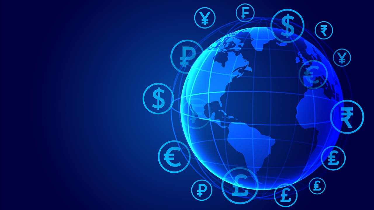 A globe on a blue background representing the concept of money