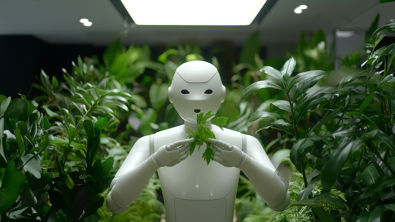 A view of a robot holding leaves concept of AI carbon emissions