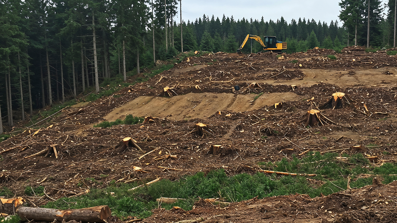 A forest with many tree stumps