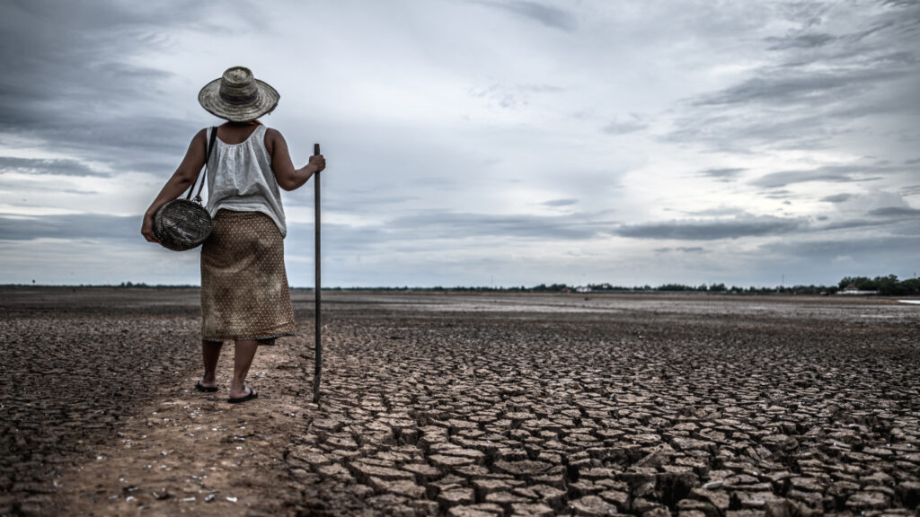 Women standing on a dry soil, which is clearly shows that how deforestation affect climate change 