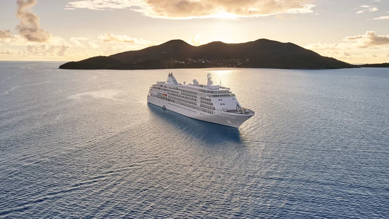 A vast sea with a Silversea cruise ship in it