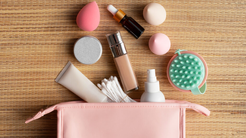 A bag full of skincare items for a cruise packing list