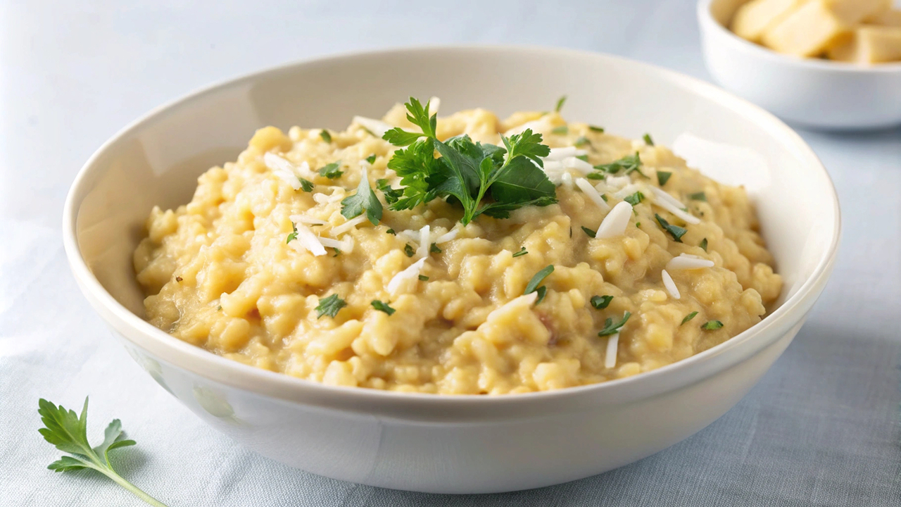 A bowl of creamy risotto topped with parmesan cheese and parsley