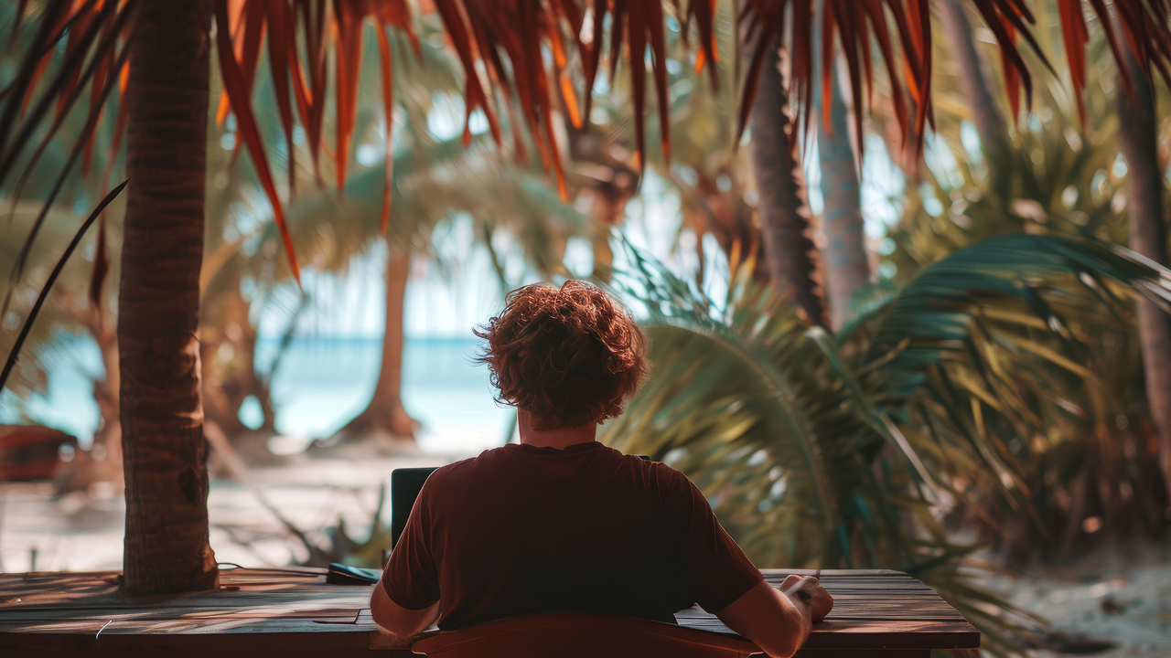 A young boy being digital nomads and working remotely 