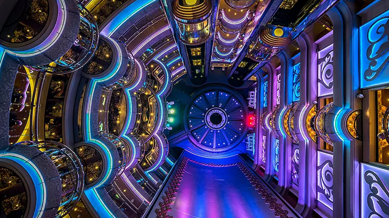 The interior of the luxury cruise, full of lights