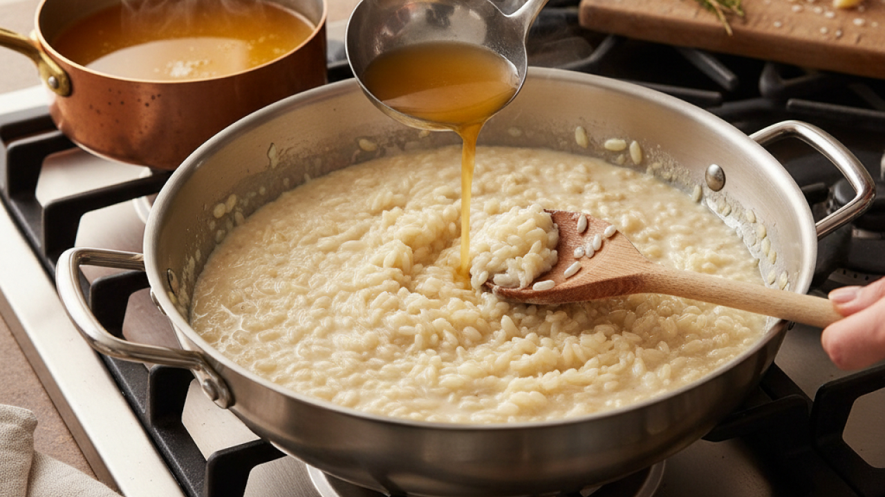 Arborio rice is cooking in a pot