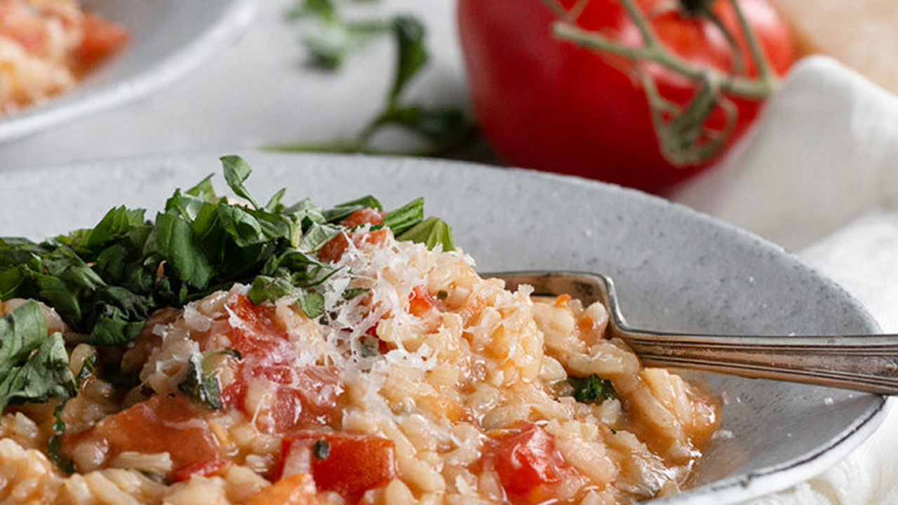A side view of Tomato & Basil Arborio Rice Bake