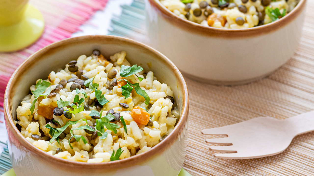Cooked vegetable risotto in a bowl