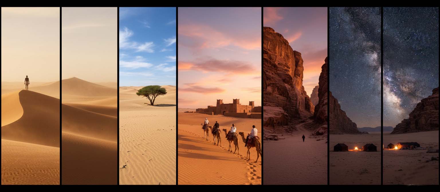 Arabian dunes, Sahara golden sands, Moroccan desert caravans, Jordan’s Wadi Rum red rocks, and a nighttime desert under stars