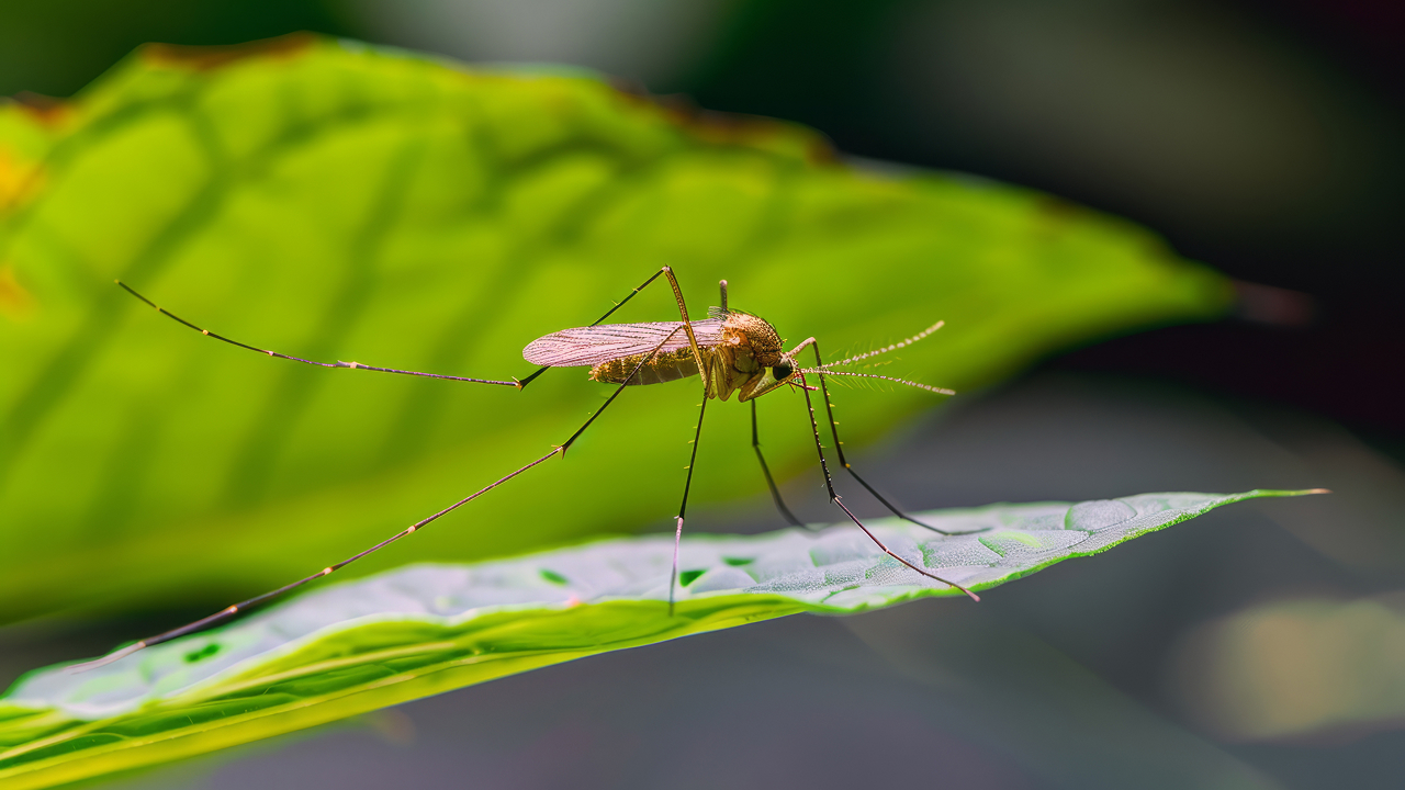 A mosquito is sitting on a leaf