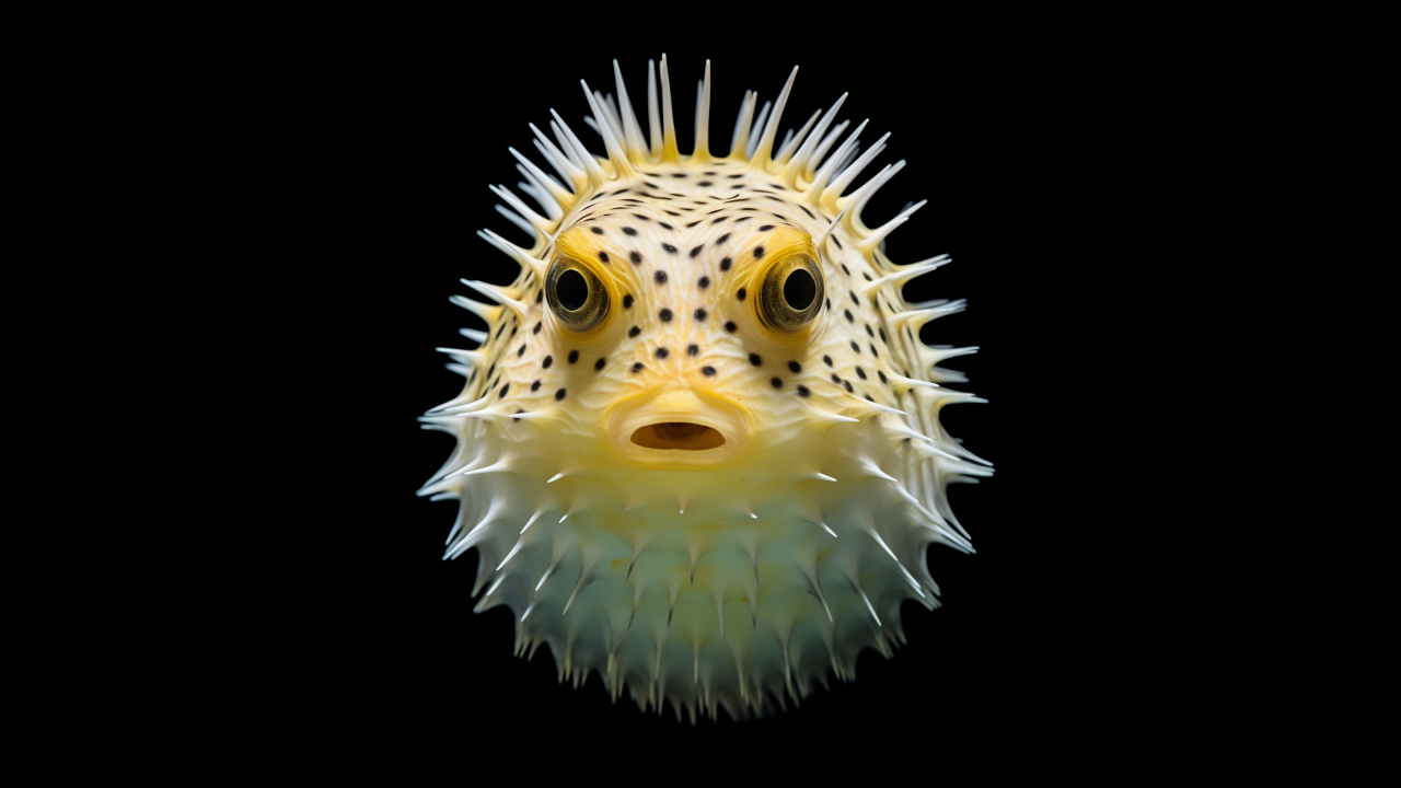 Front close up of pufferfish with simple black background