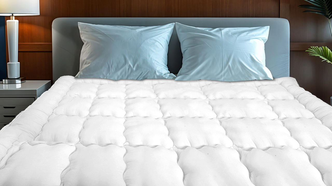 A bed with a white quilted mattress topper