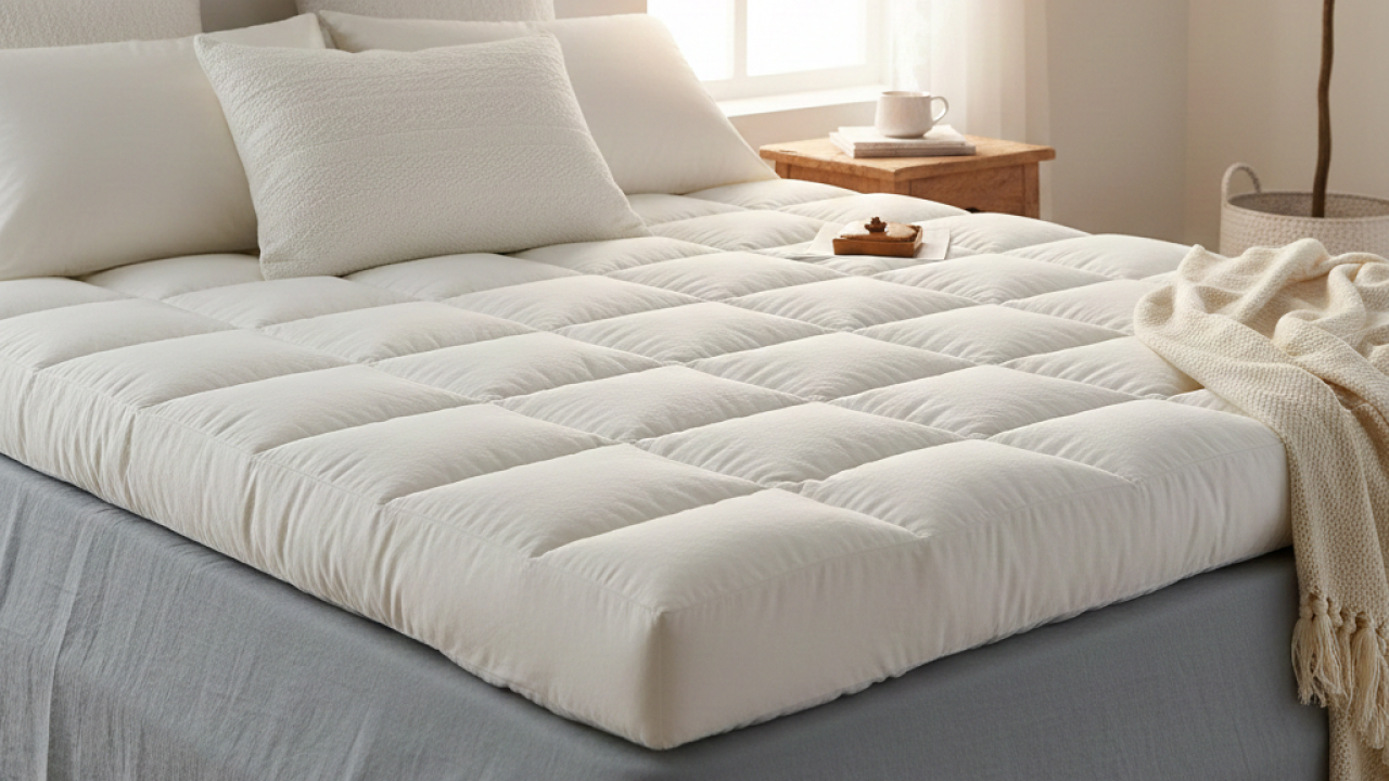 A neatly made bed with a thick, quilted white bed topper