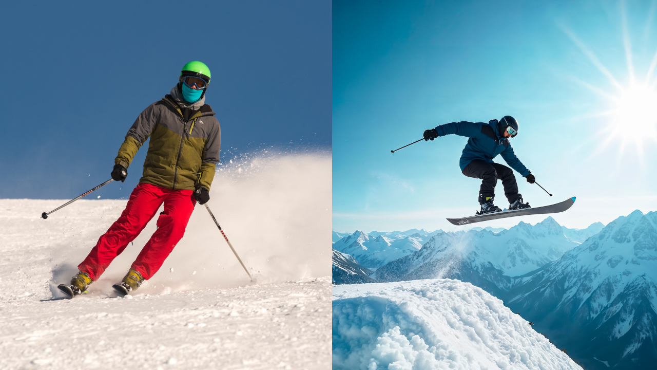 Two images comparing skiing vs snowboarding