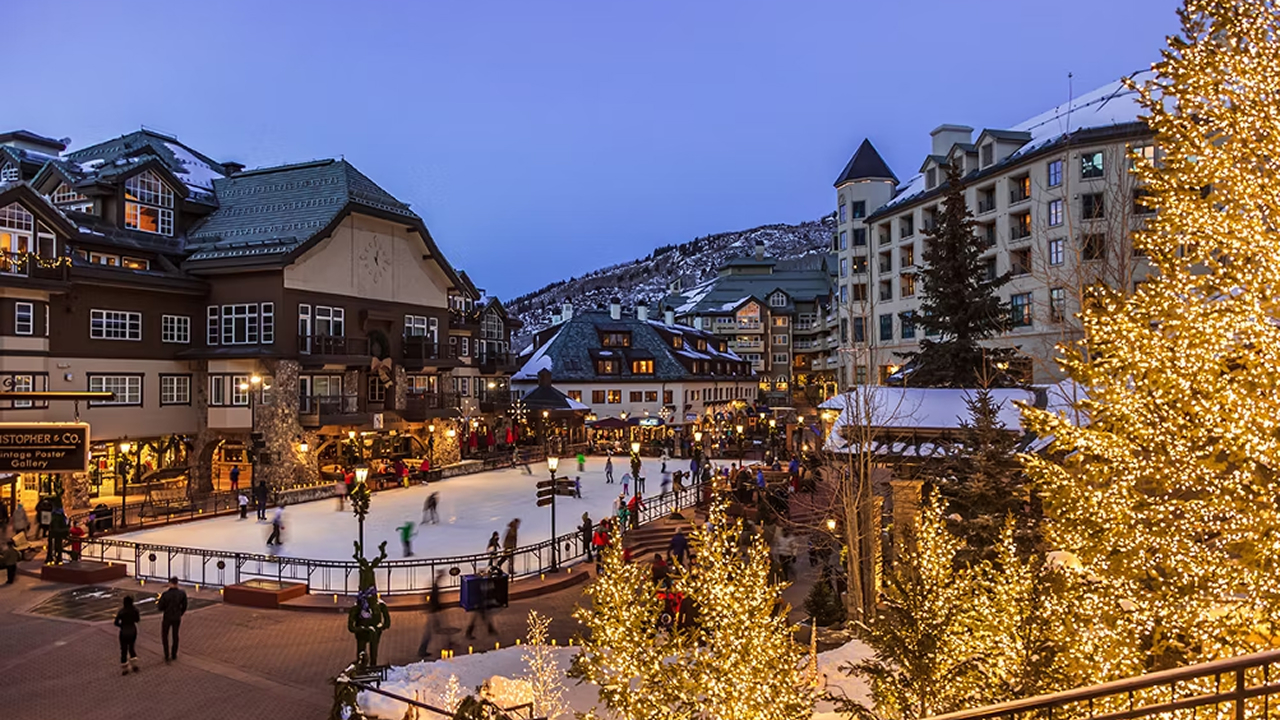 Beaver Creek Village in Colorado where people skate on a ice rink
