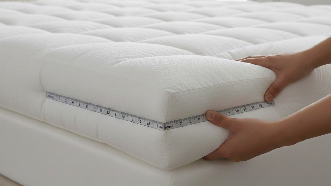 A close-up shot of a thick, white quilted mattress topper