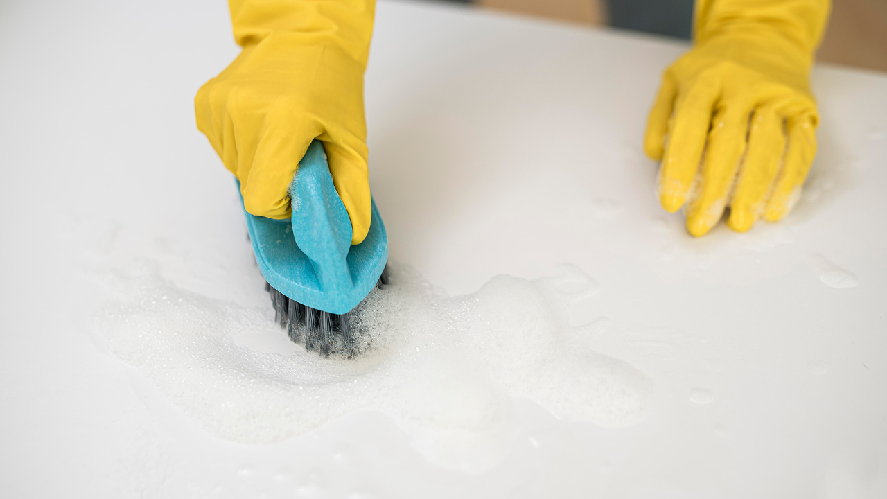 A woman cleaning a mattress topper with a brush