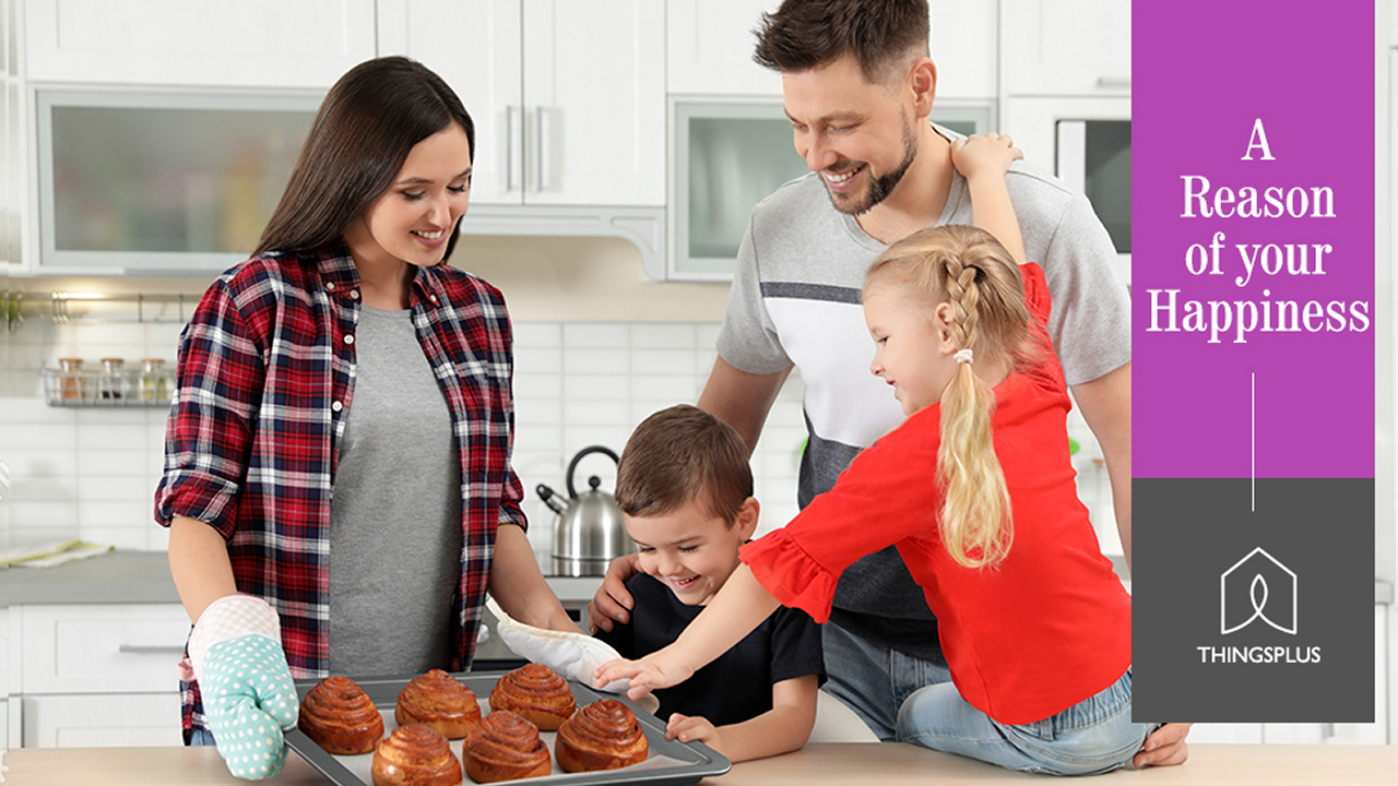 Family baking together in a kitchen