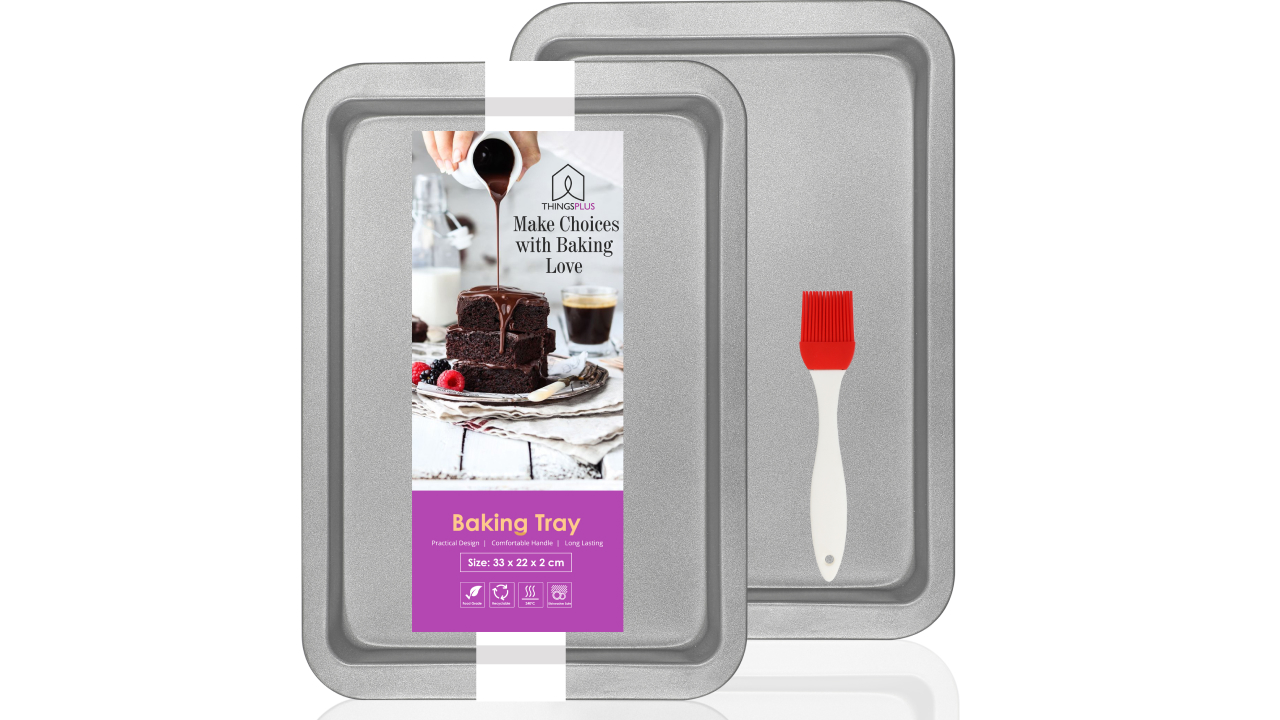 Two rectangular, silver-colored metal baking trays