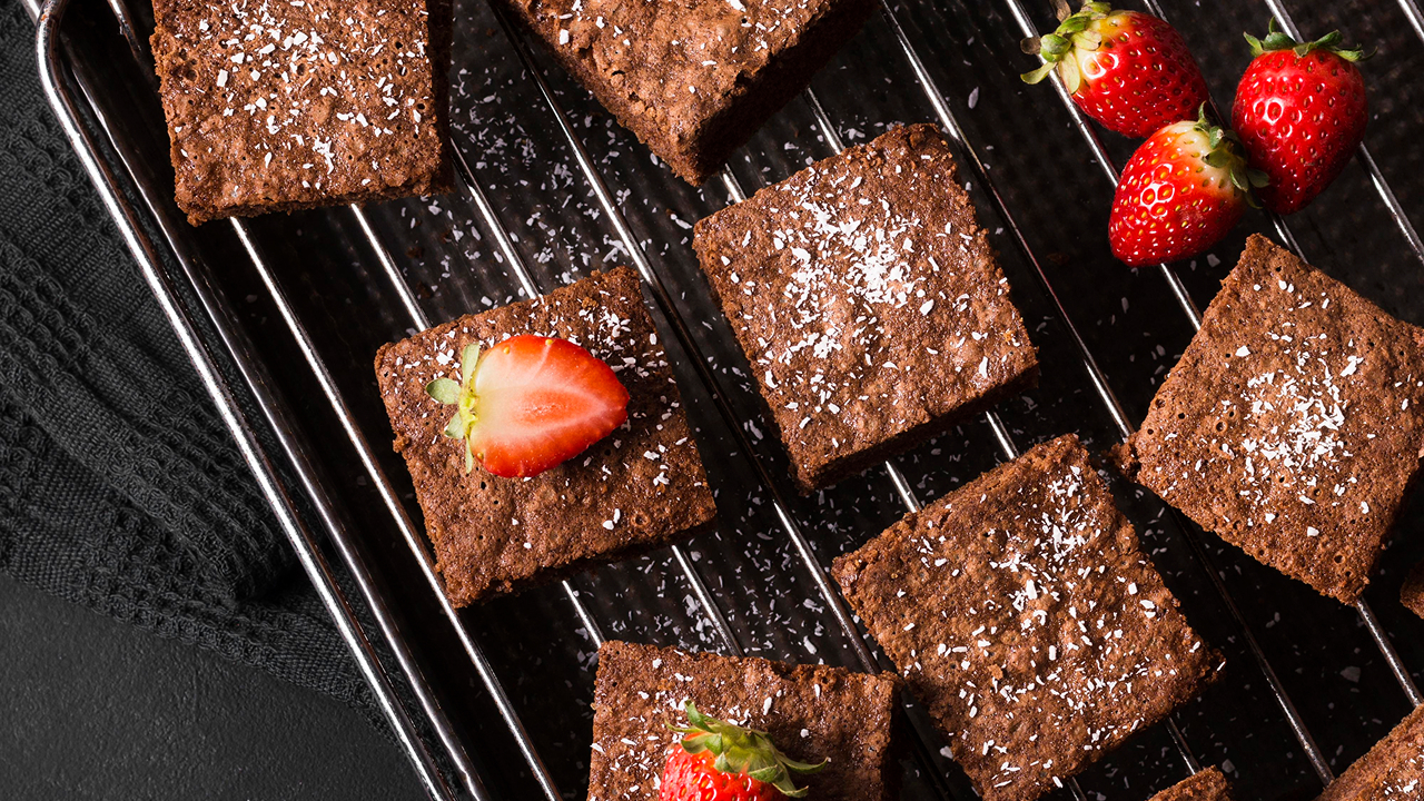 Chocolate brownies on a cooling rack