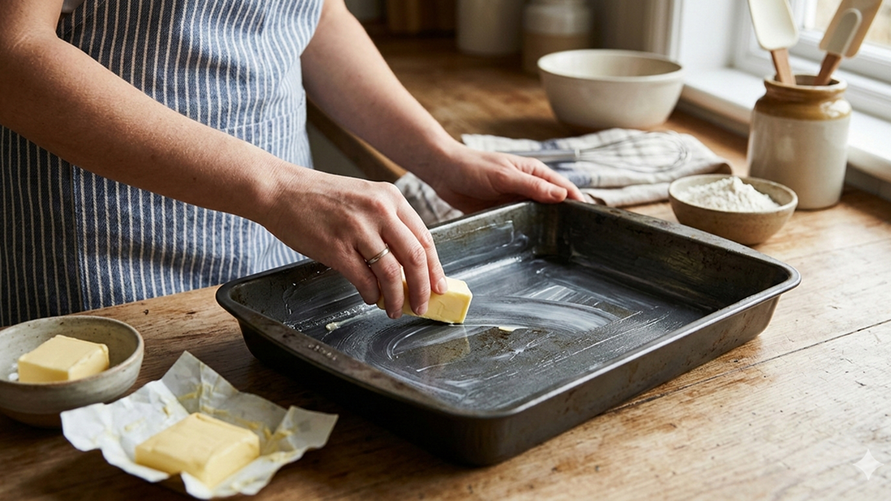 A girl using a solid block of butter to grease a baking tray