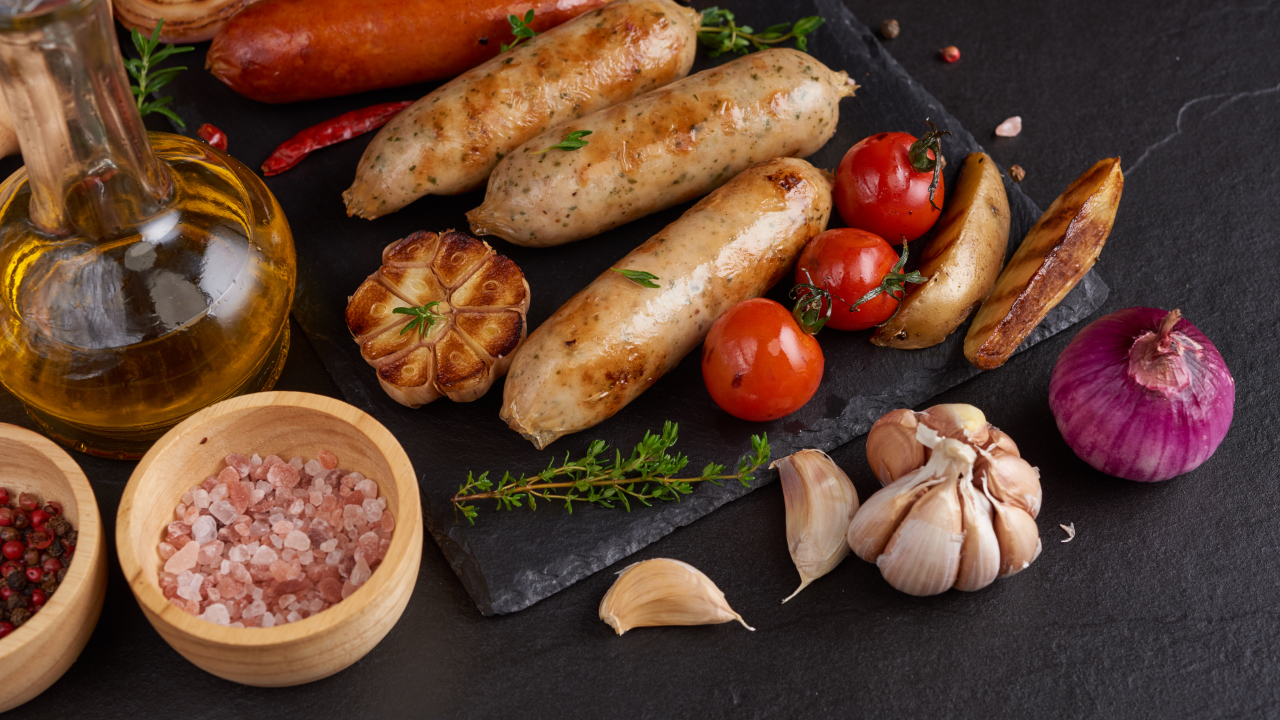 Sausages arranged on a board with vegetables