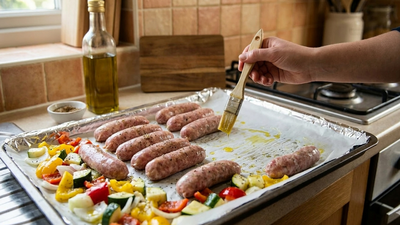 Basting raw sausages arranged on a baking sheet