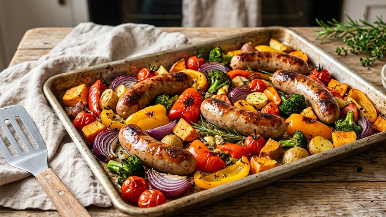 A golden-brown sausage tray bake on a wooden table