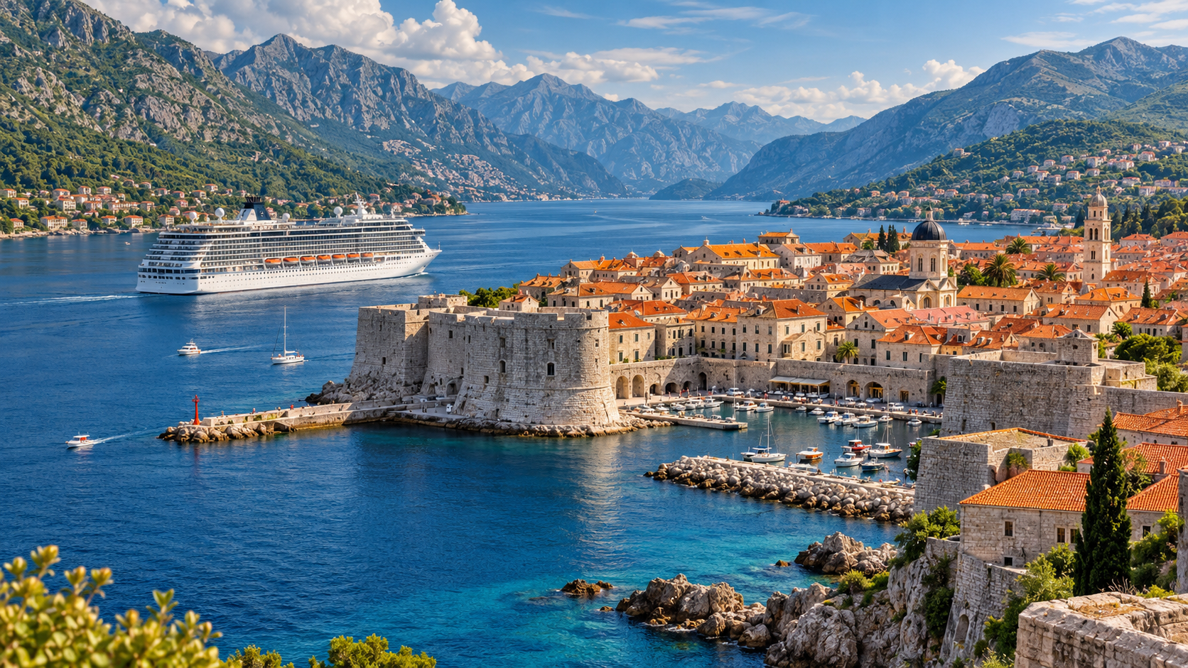 Illustrated cruise ship offshore near a walled Adriatic coastal town