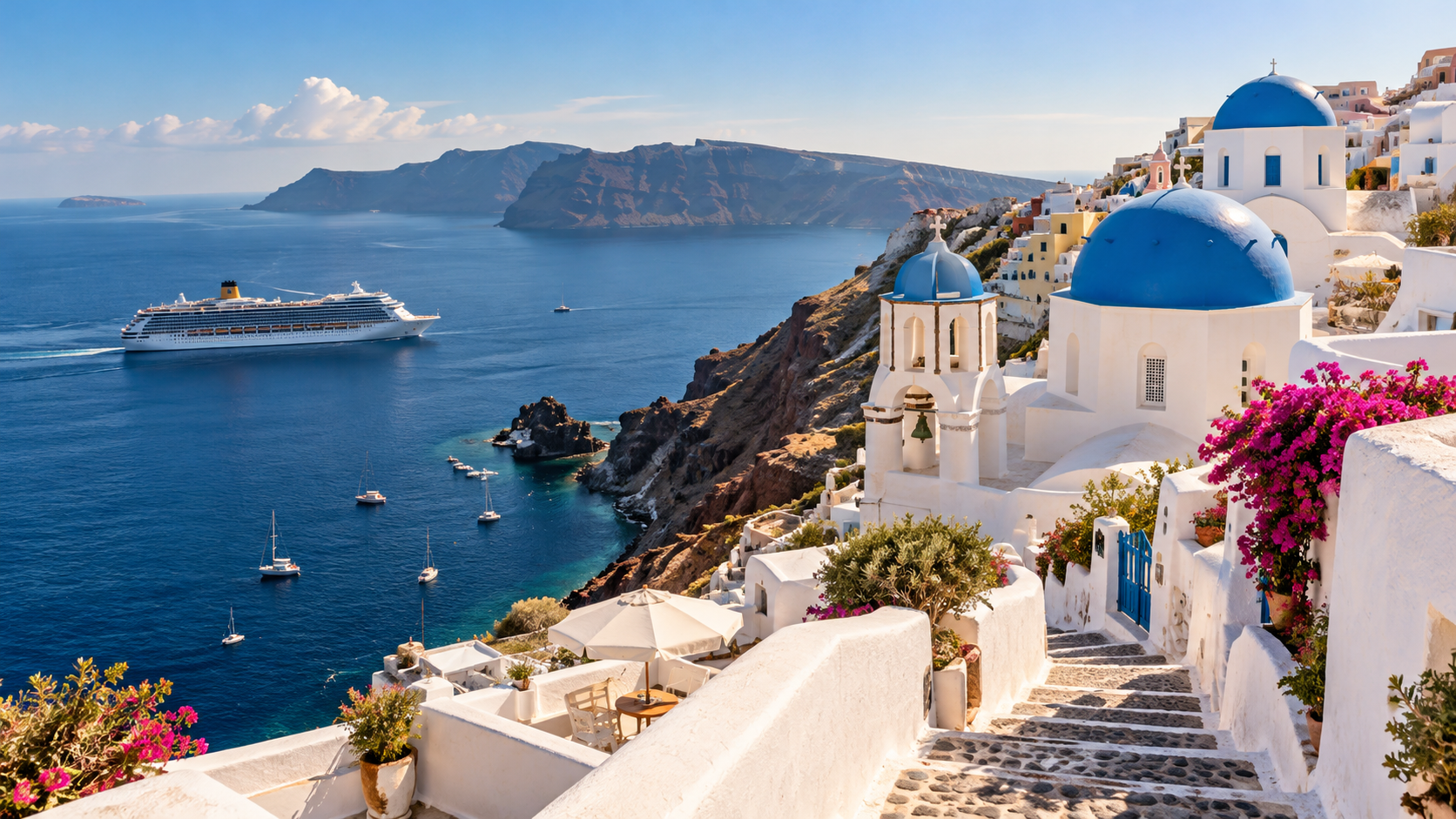 Illustration of a cruise ship viewed from a Greek island hillside above the sea
