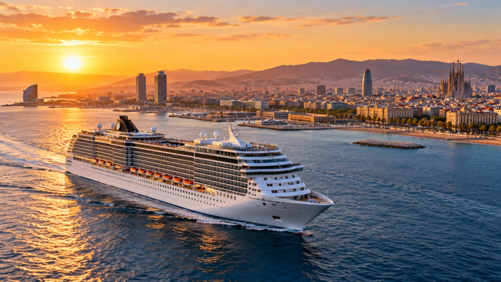 Illustrative view of a Mediterranean cruise ship near Barcelona at sunset