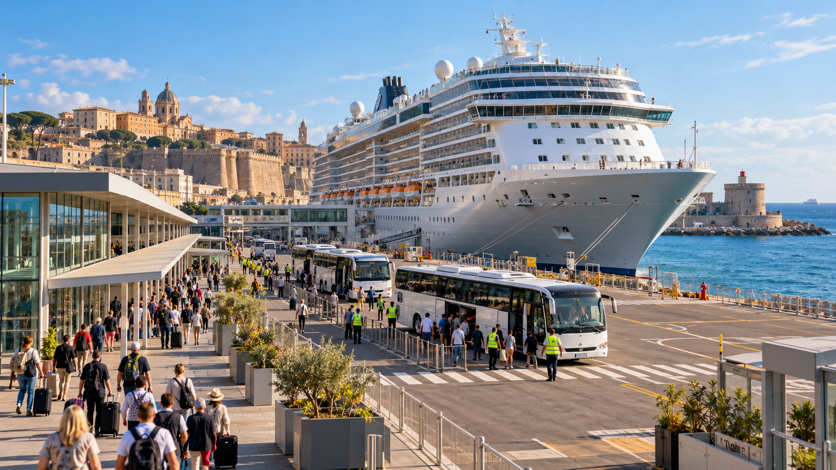 Illustration of shore-transfer coaches and passengers beside a Mediterranean cruise terminal