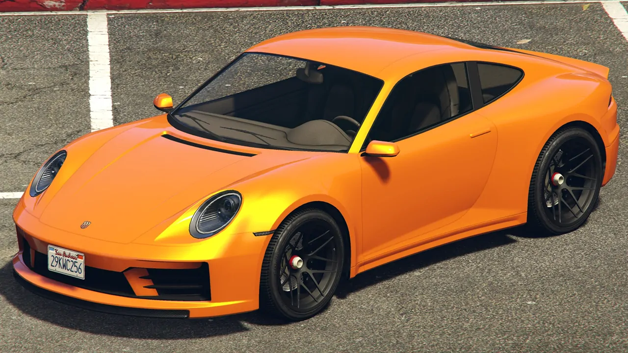 A stylish orange and yellow Pfister Comet S2 drift car from GTA 5